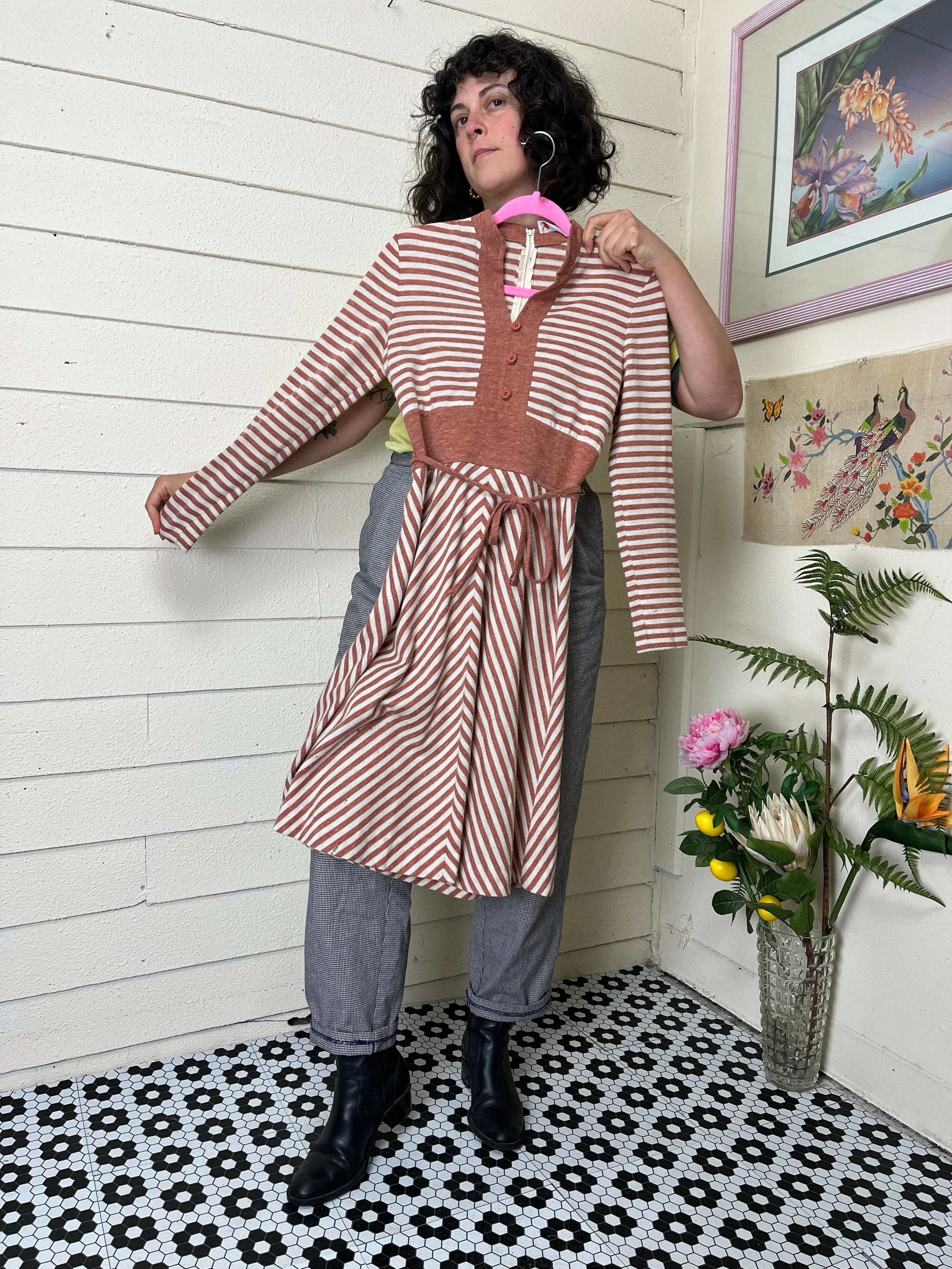 1970s CLAY AND CREAM STRIPED KNIT LONG SLEEVE UNION MADE DRESS