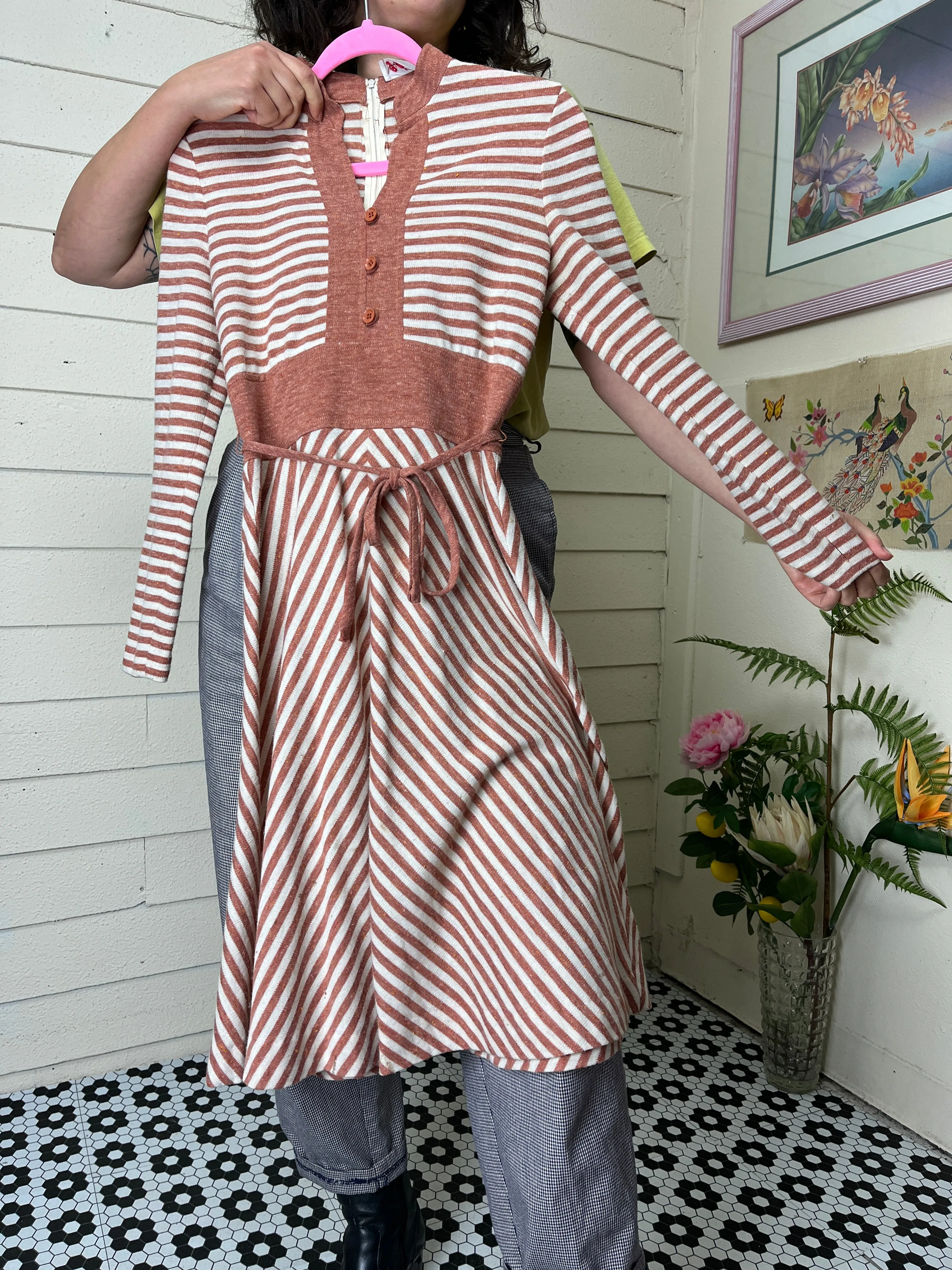 1970s CLAY AND CREAM STRIPED KNIT LONG SLEEVE UNION MADE DRESS