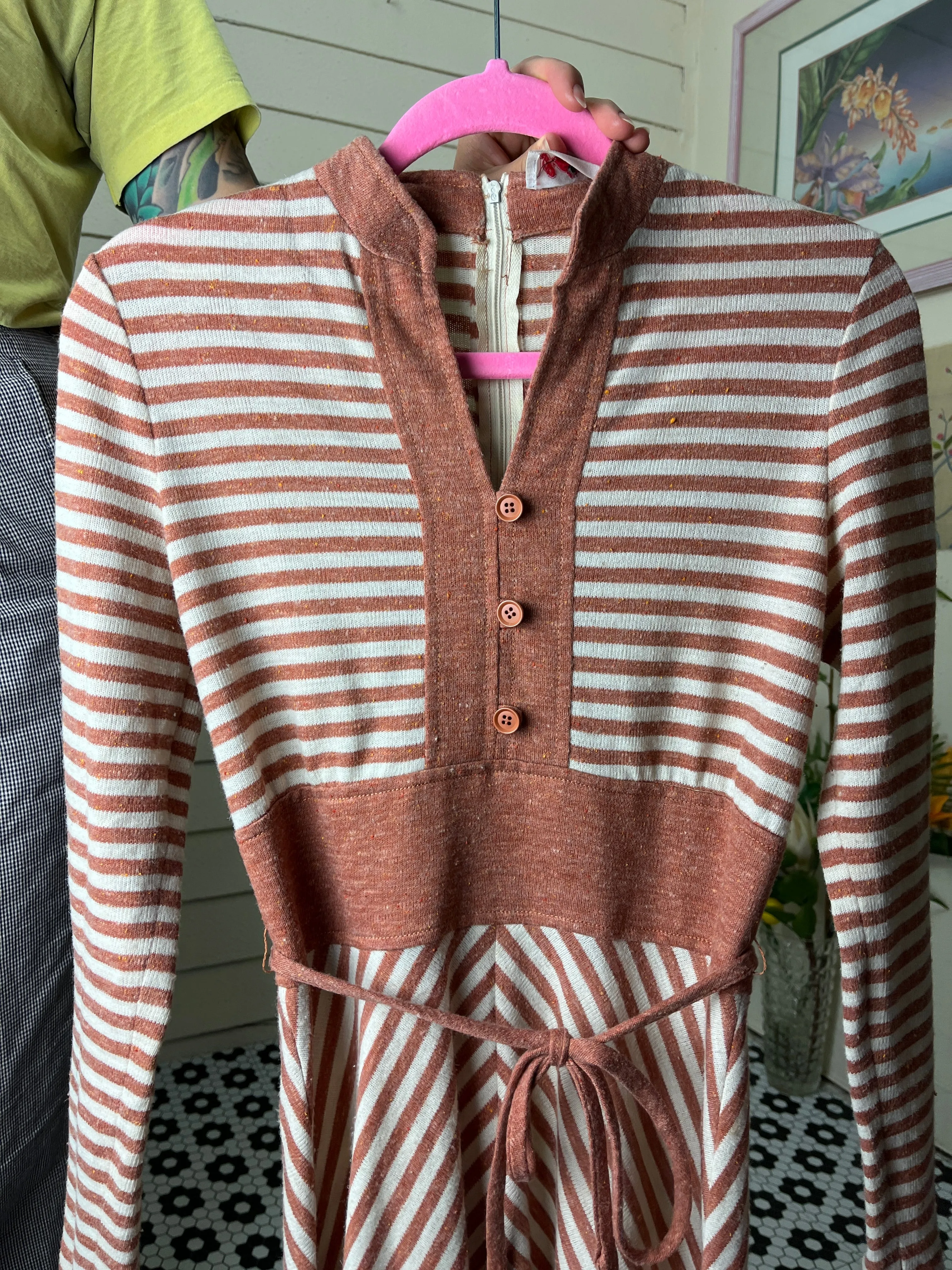 1970s CLAY AND CREAM STRIPED KNIT LONG SLEEVE UNION MADE DRESS