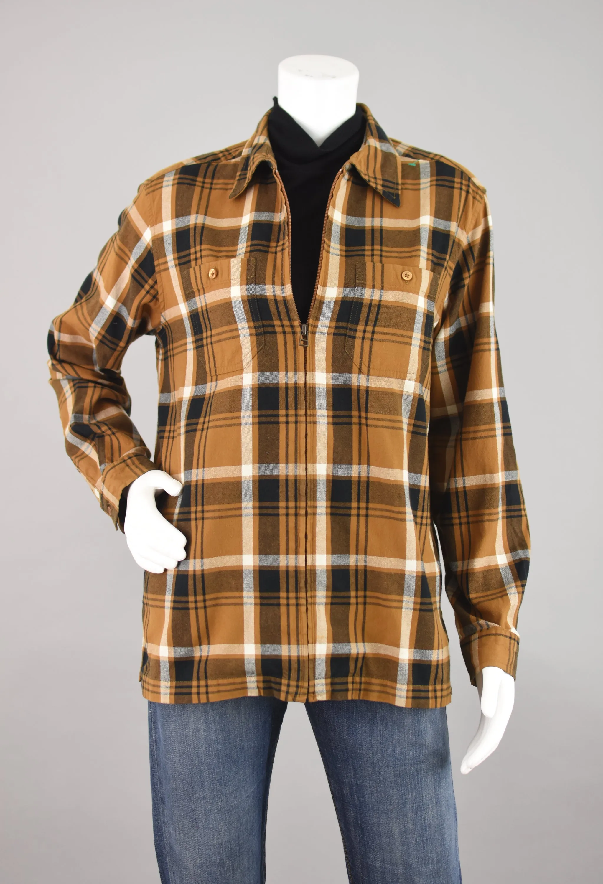90s Brown Plaid Zip Up Cotton Shacket Women's Medium