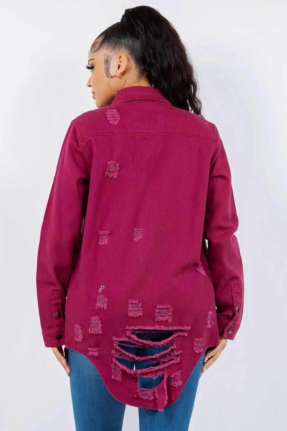 American Bazi Torn Distressed Hole Oversized Shacket Cotton Denim Jean Jacket Purple