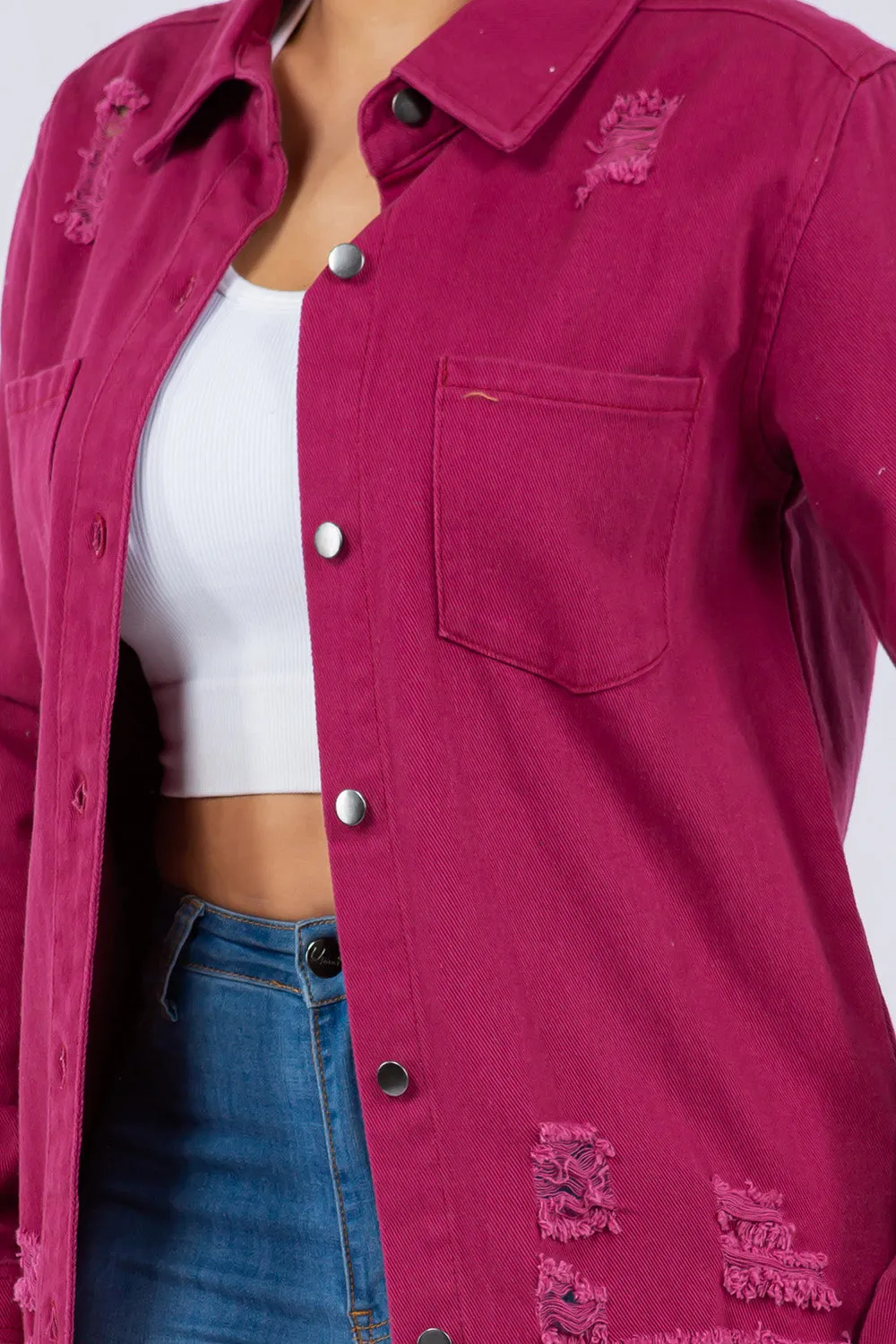 American Bazi Torn Distressed Hole Oversized Shacket Cotton Denim Jean Jacket Purple
