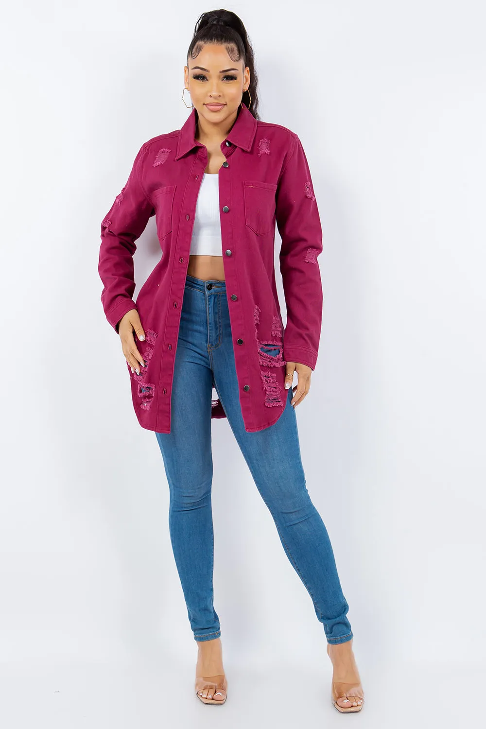 American Bazi Torn Distressed Hole Oversized Shacket Cotton Denim Jean Jacket Purple