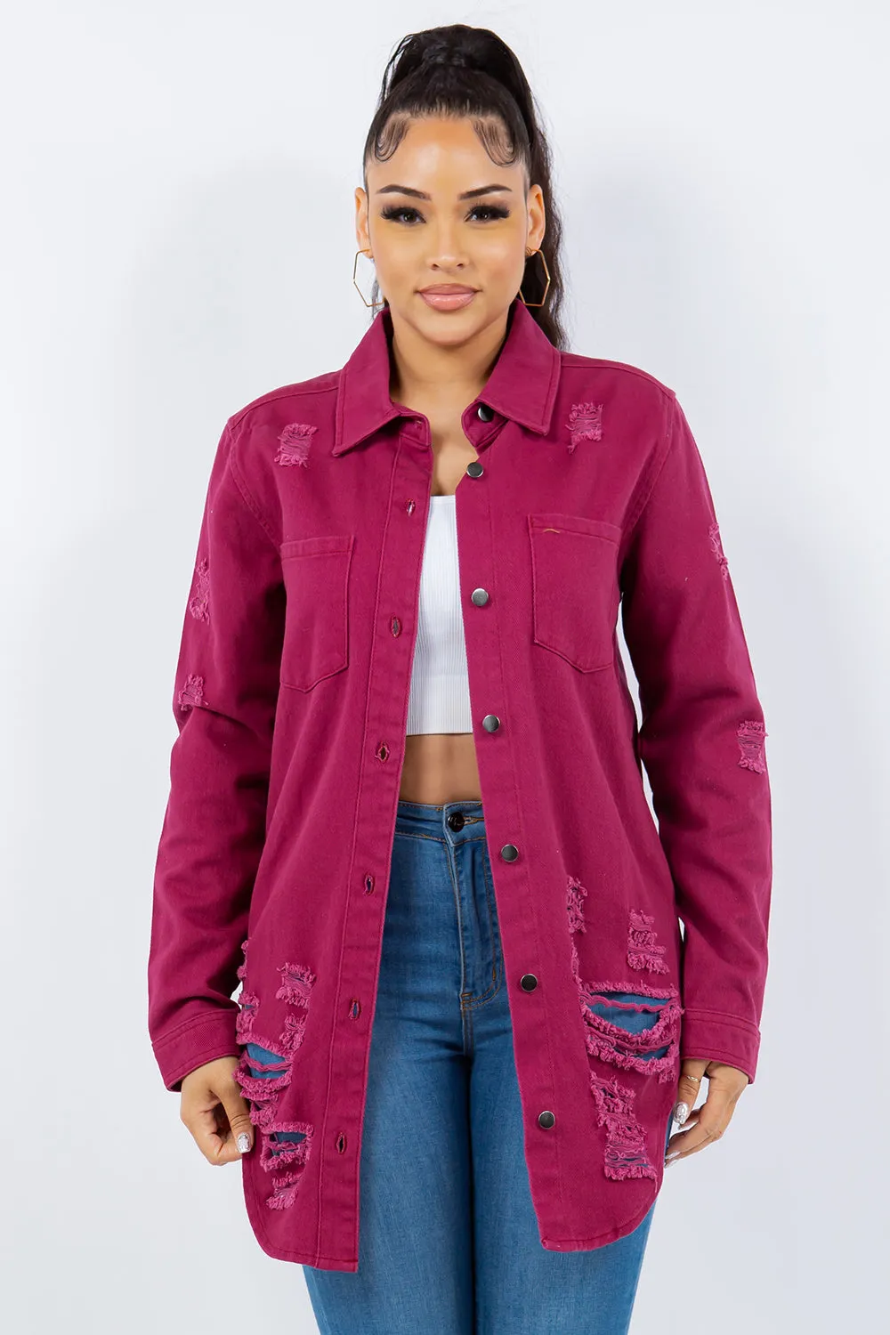 American Bazi Torn Distressed Hole Oversized Shacket Cotton Denim Jean Jacket Purple