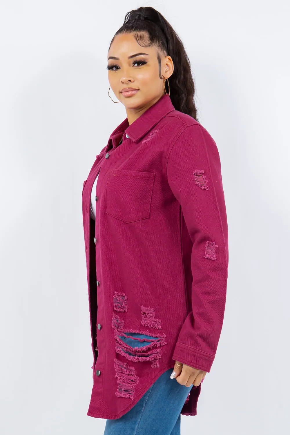 American Bazi Torn Distressed Hole Oversized Shacket Cotton Denim Jean Jacket Purple