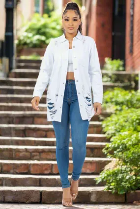 American Bazi Torn Distressed Hole Oversized Shacket Cotton Denim Jean Jacket White