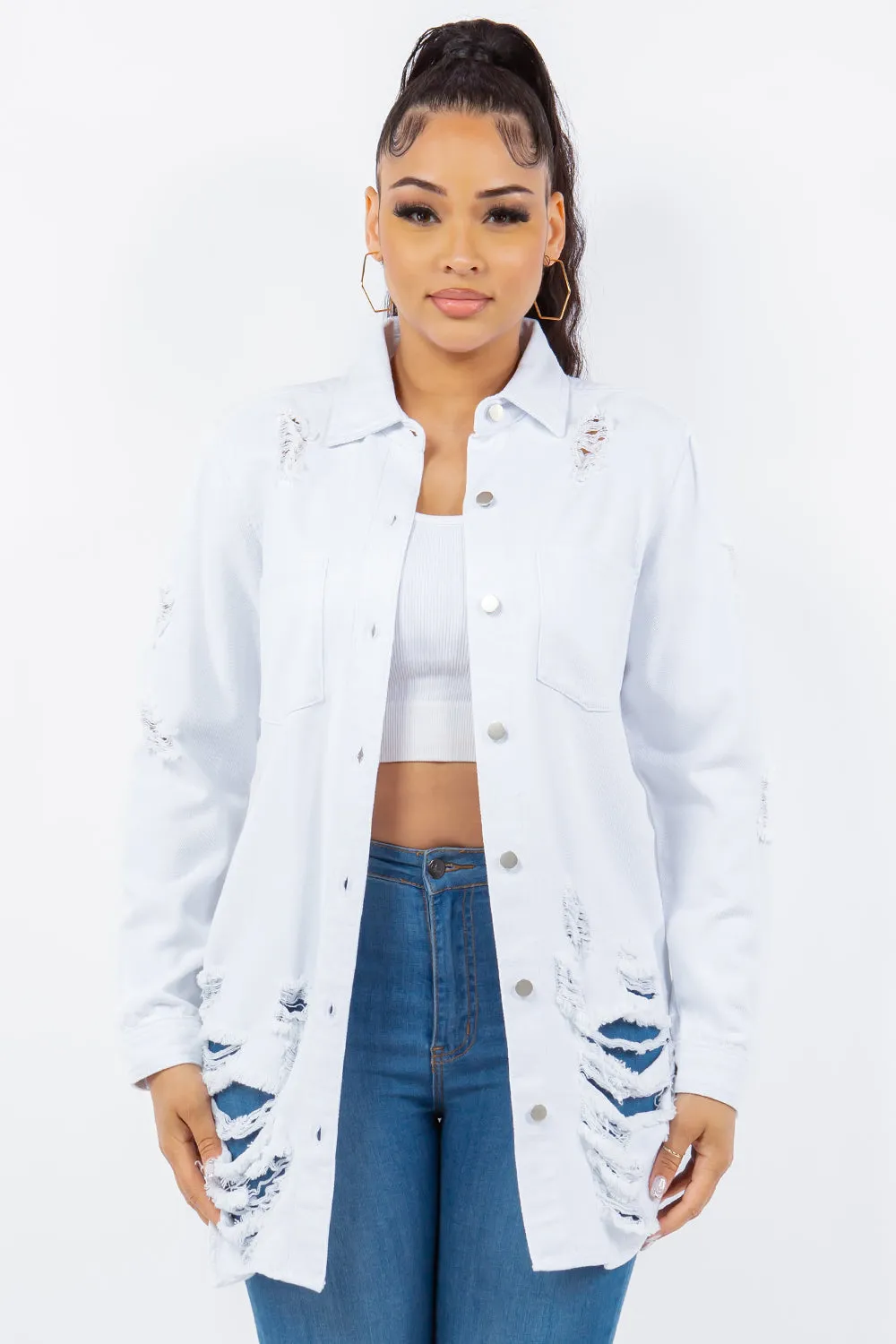 American Bazi Torn Distressed Hole Oversized Shacket Cotton Denim Jean Jacket White