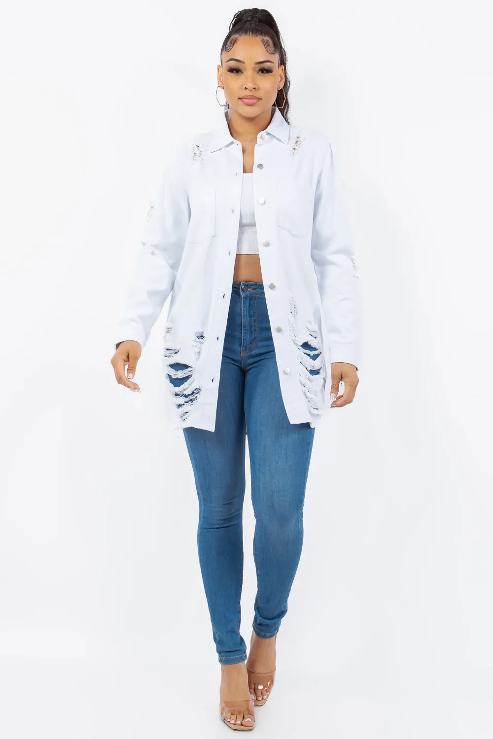 American Bazi Torn Distressed Hole Oversized Shacket Cotton Denim Jean Jacket White