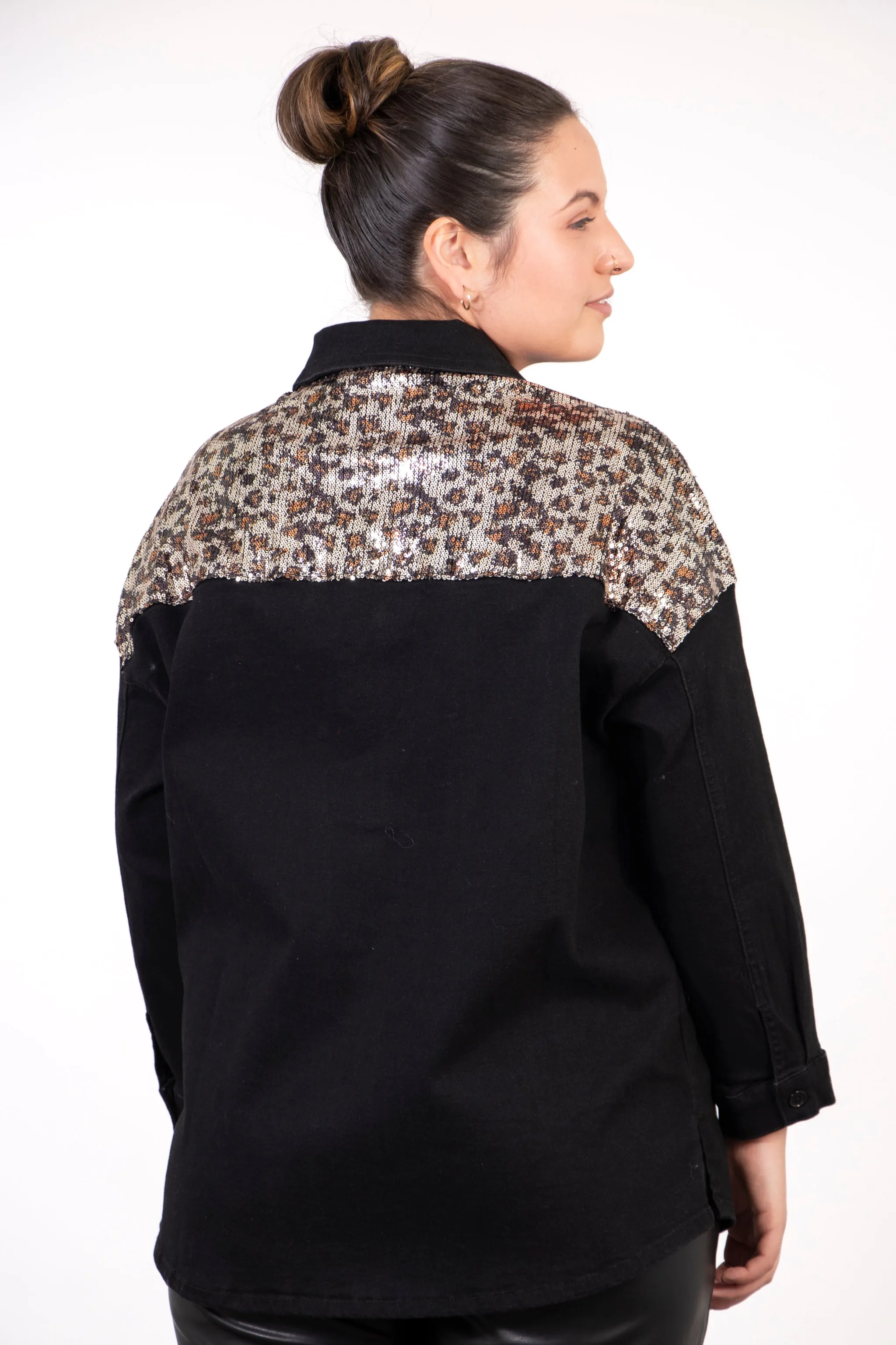 Andie Denim Shacket - Black, Leopard Sequin