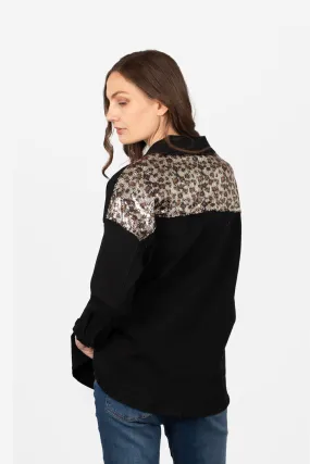 Andie Denim Shacket - Black, Leopard Sequin
