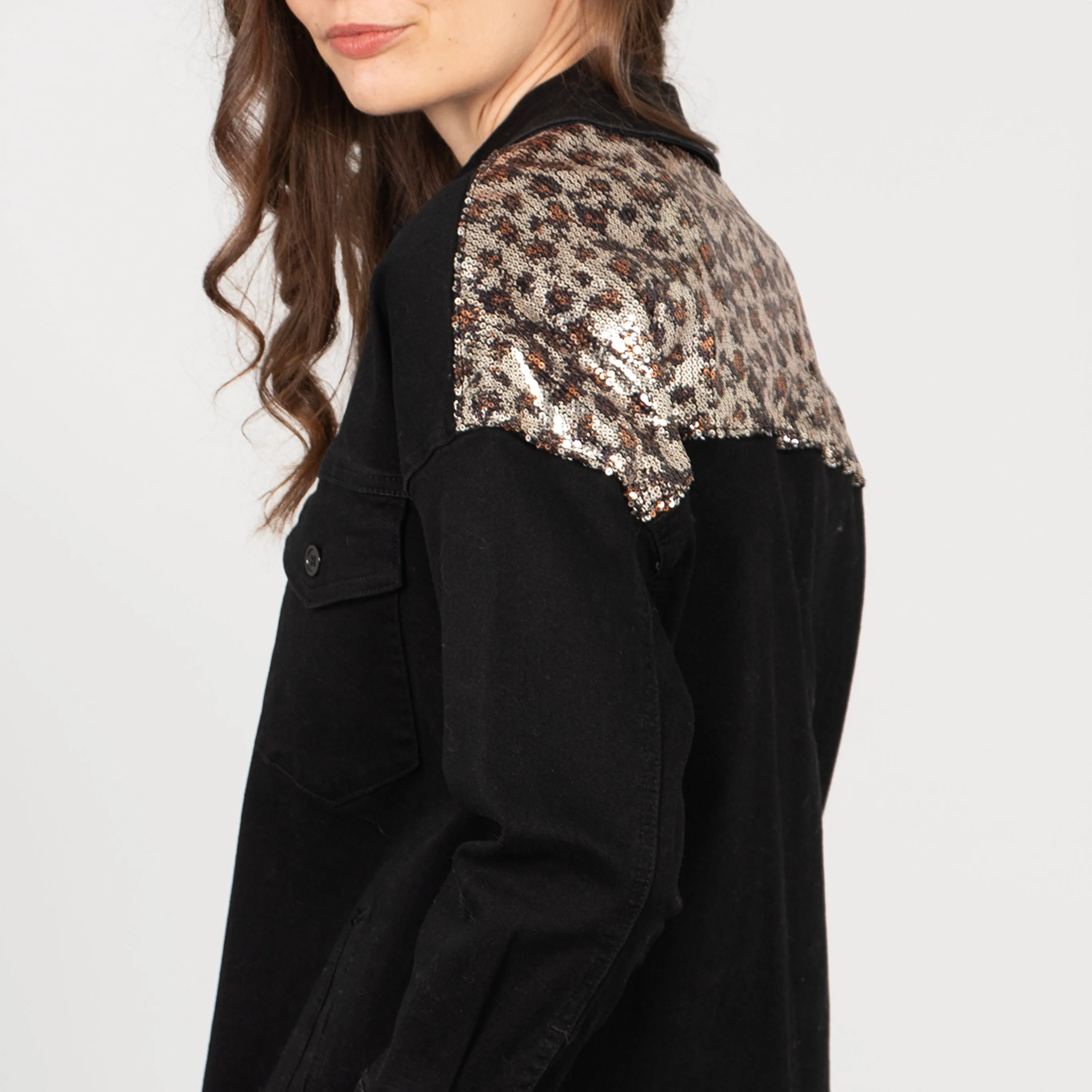 Andie Denim Shacket - Black, Leopard Sequin