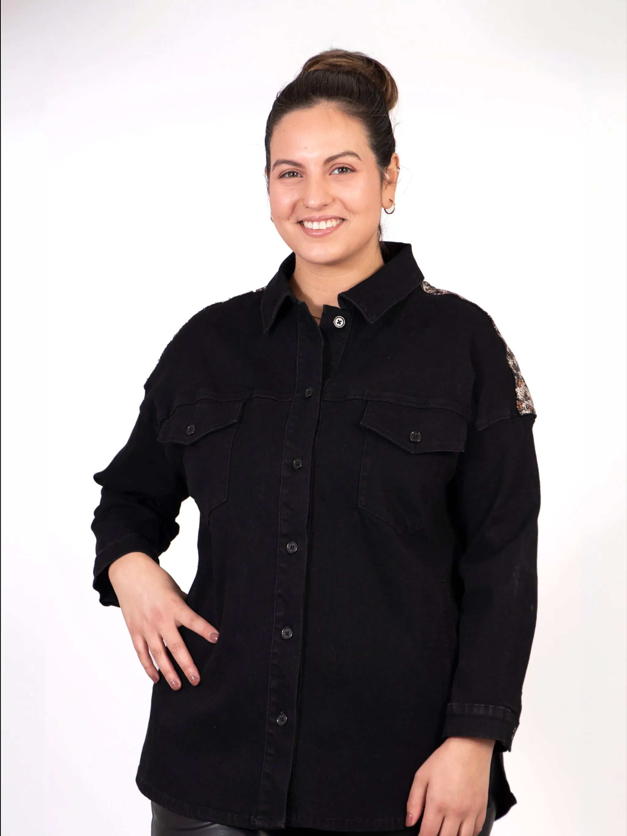 Andie Denim Shacket - Black, Leopard Sequin