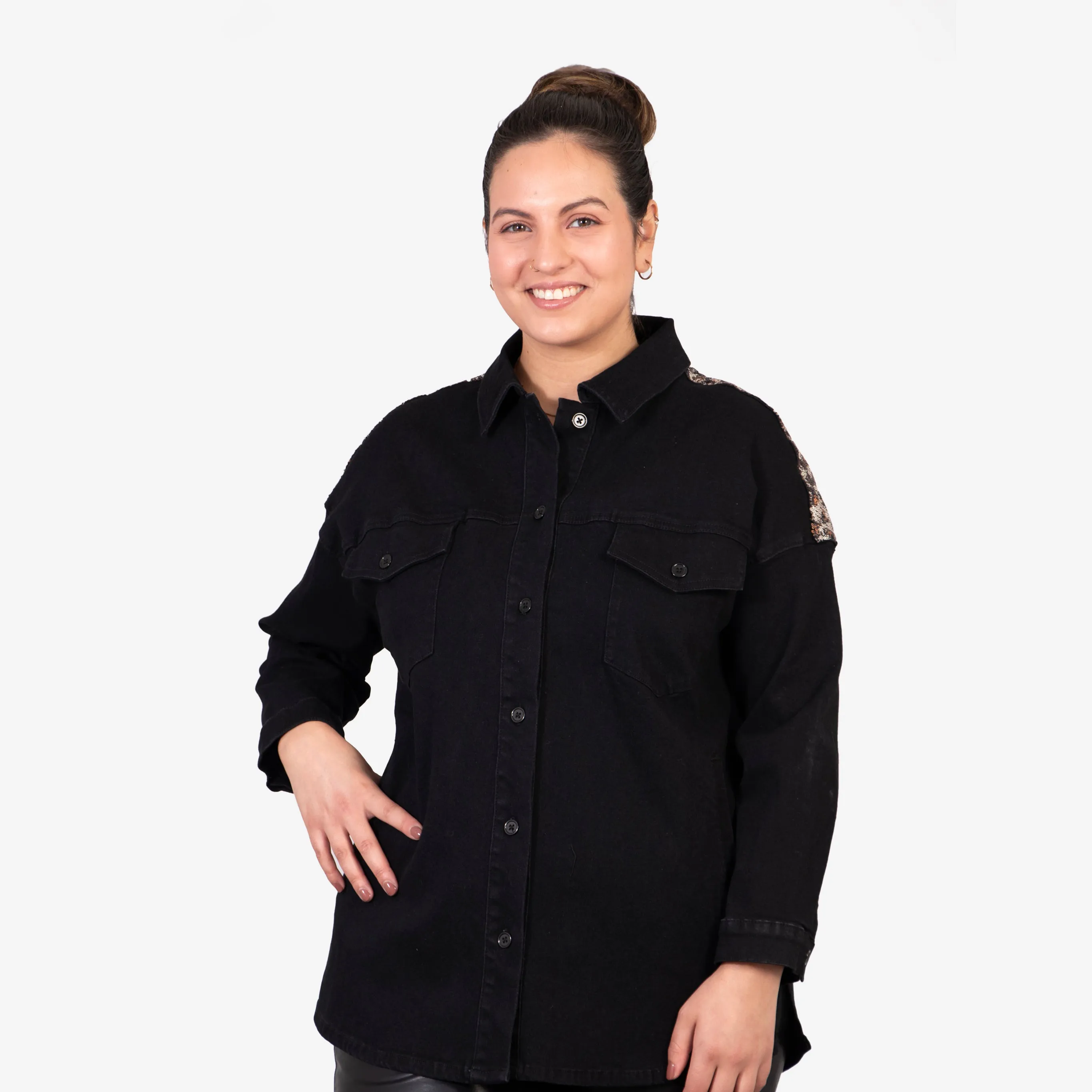 Andie Denim Shacket - Black, Leopard Sequin