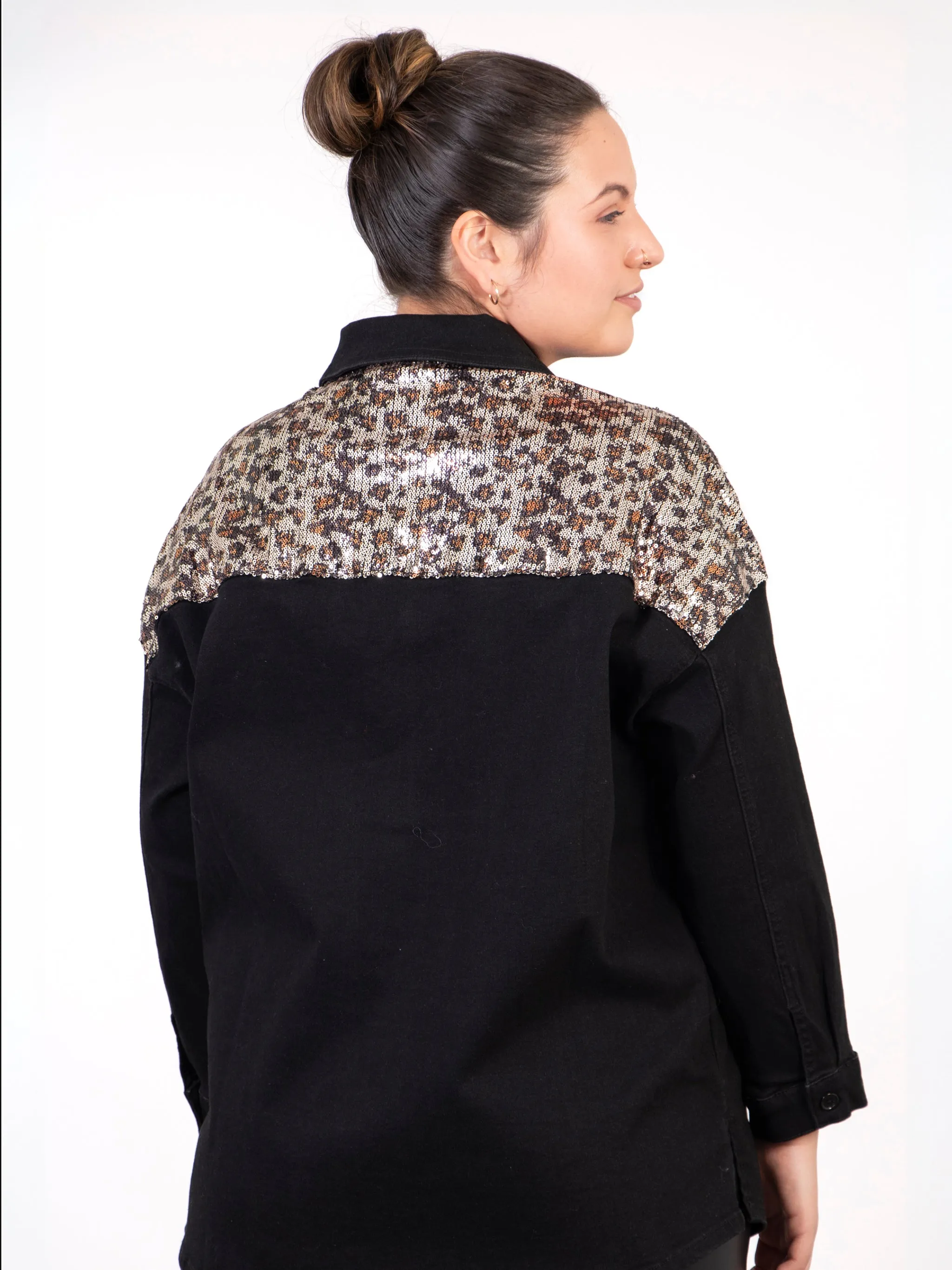 Andie Denim Shacket - Black, Leopard Sequin
