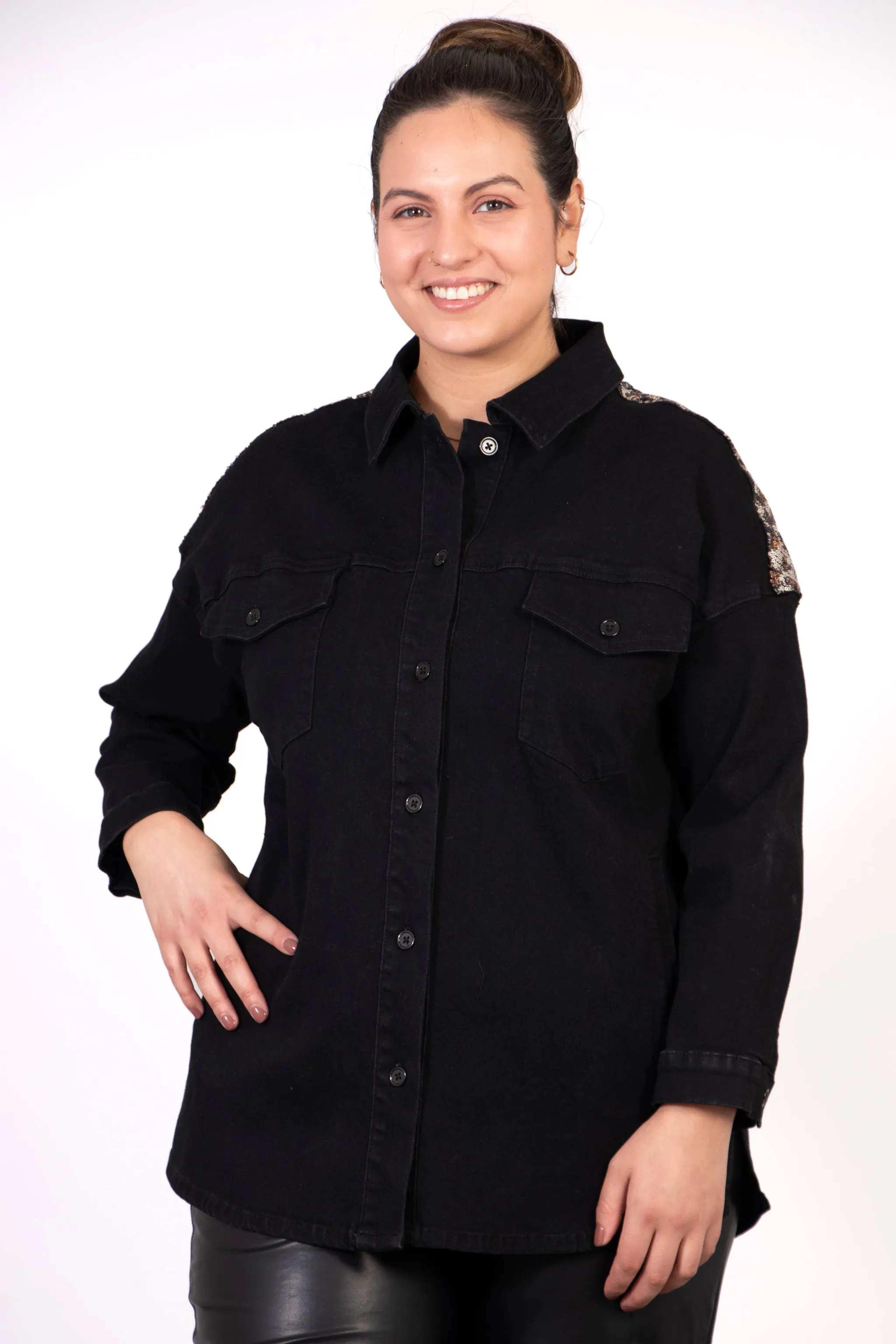 Andie Denim Shacket - Black, Leopard Sequin