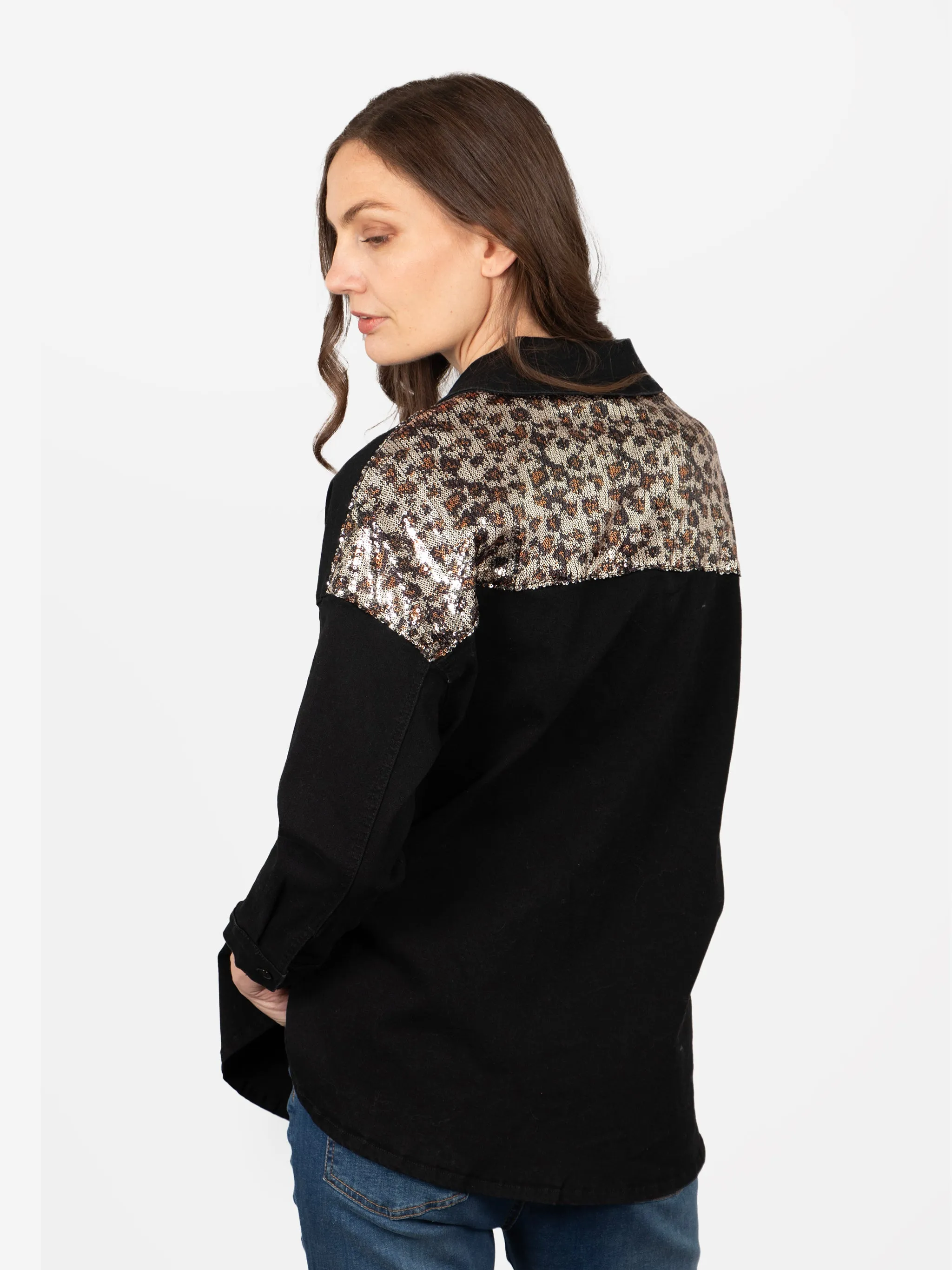 Andie Denim Shacket - Black, Leopard Sequin