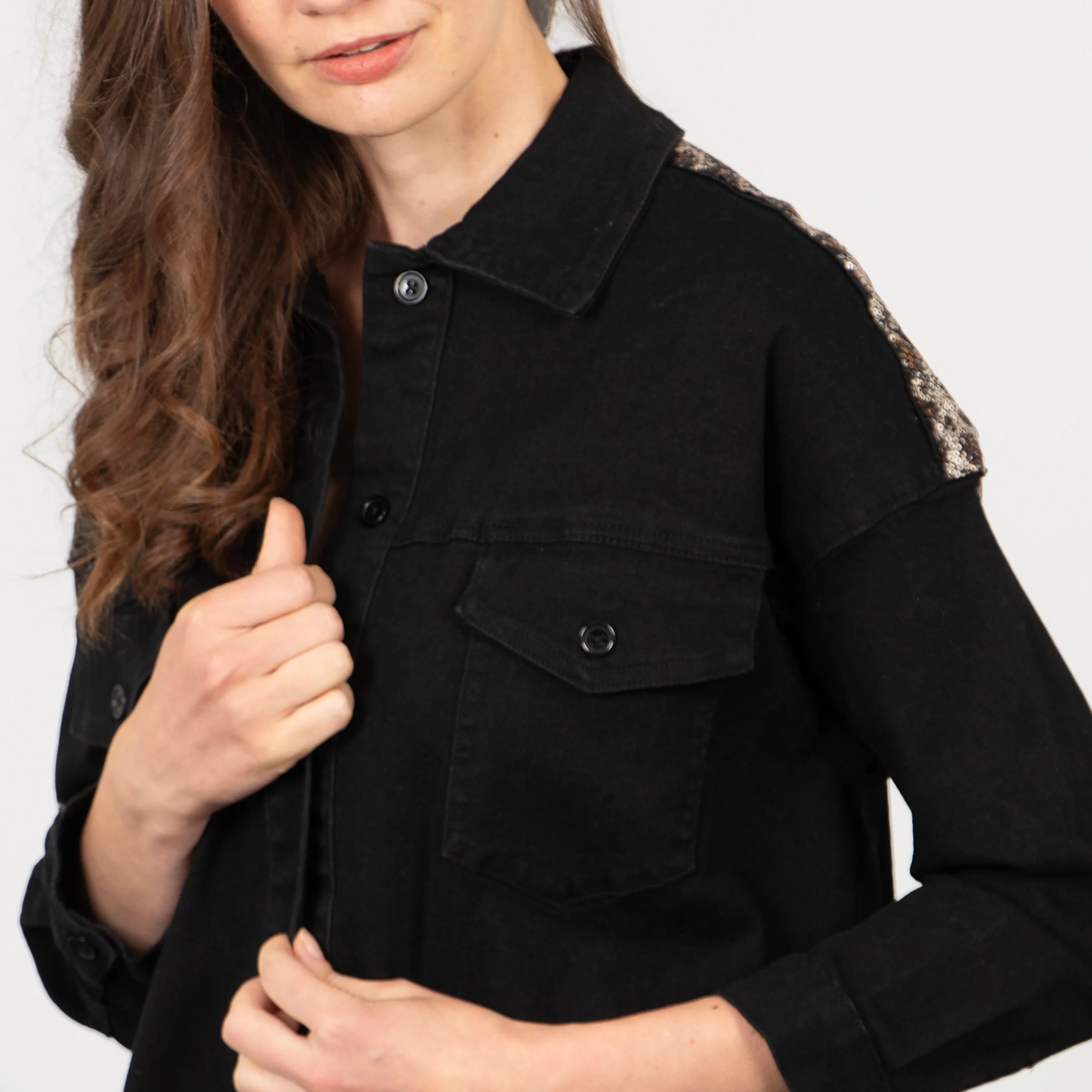 Andie Denim Shacket - Black, Leopard Sequin