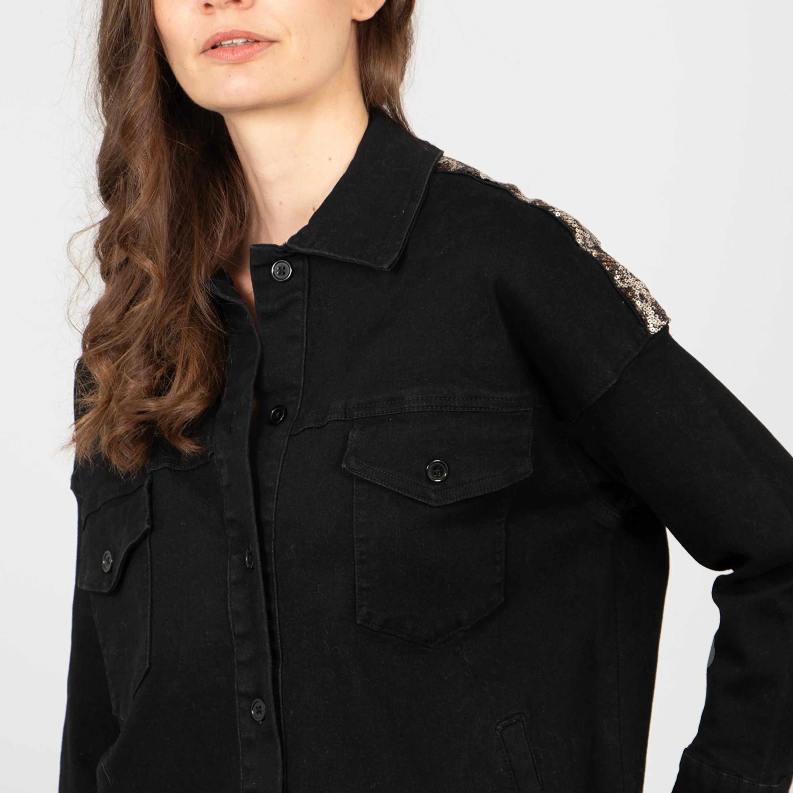 Andie Denim Shacket - Black, Leopard Sequin