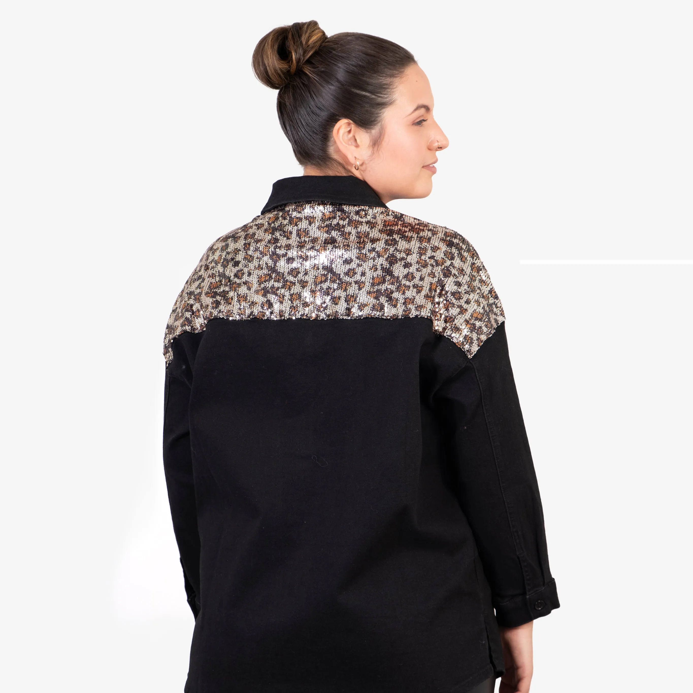 Andie Denim Shacket - Black, Leopard Sequin