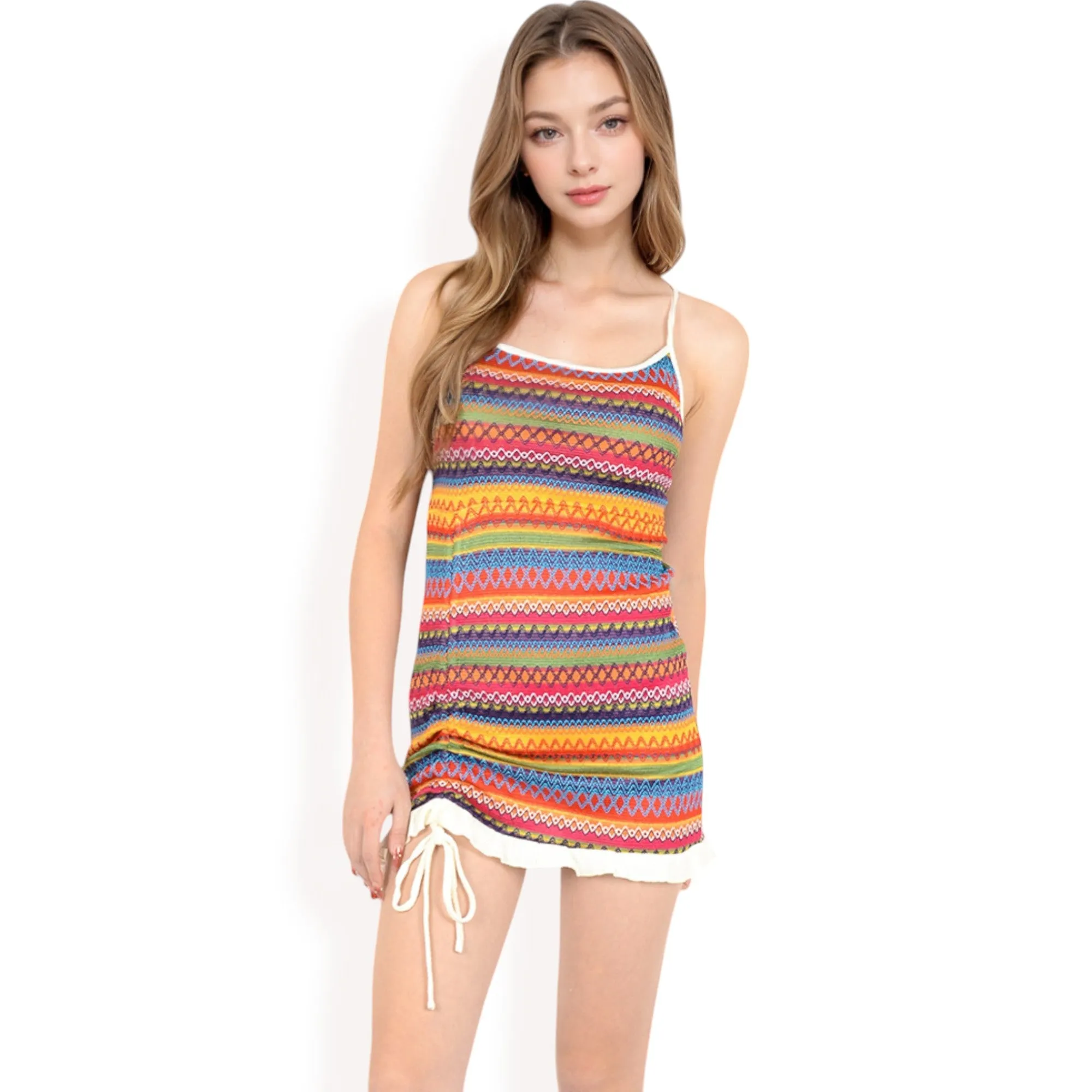 Anna-Kaci Women's Knit Mini Dress with Adjustable Drawstring Ruched Side and Vibrant Striped Pattern