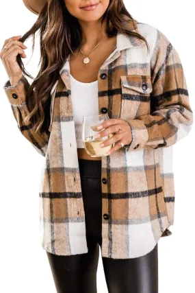 Apricot Womens Casual Plaid Shacket Wool Blend Button Down Long Sleeve Shirt Fall Jacket Shackets - AUTOMET