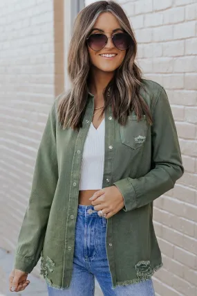 Army Green Distressed Denim Shacket w/Snap Button Closure & Front Pocket