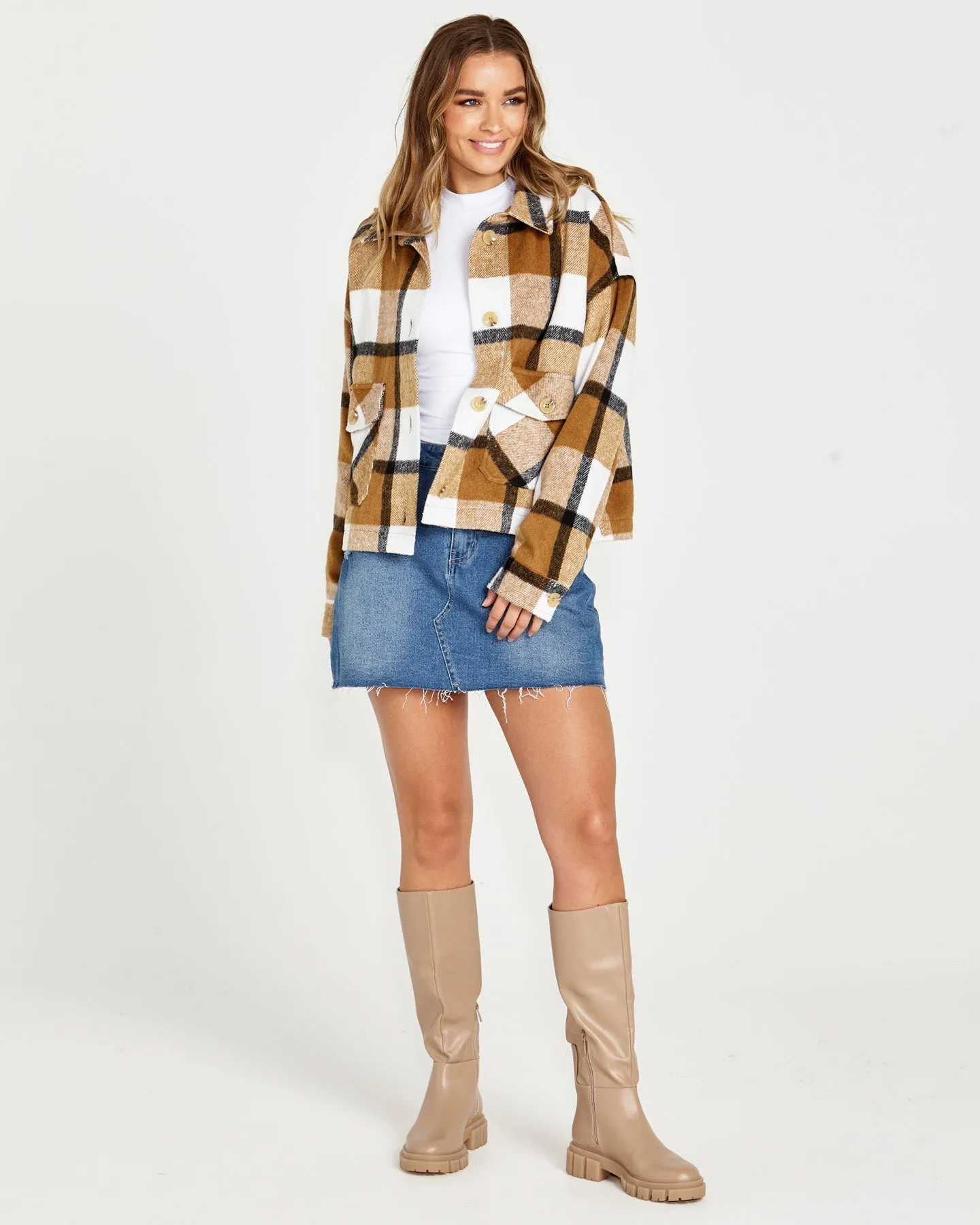Augusta Cropped Shacket - Tan Cream Check