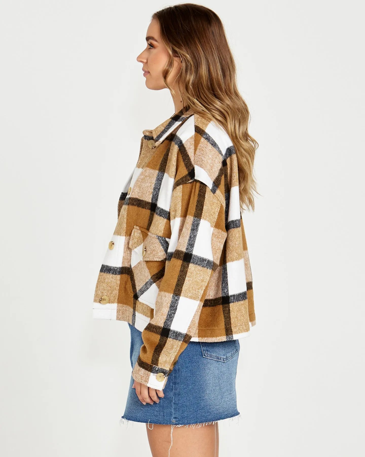 Augusta Cropped Shacket - Tan Cream Check