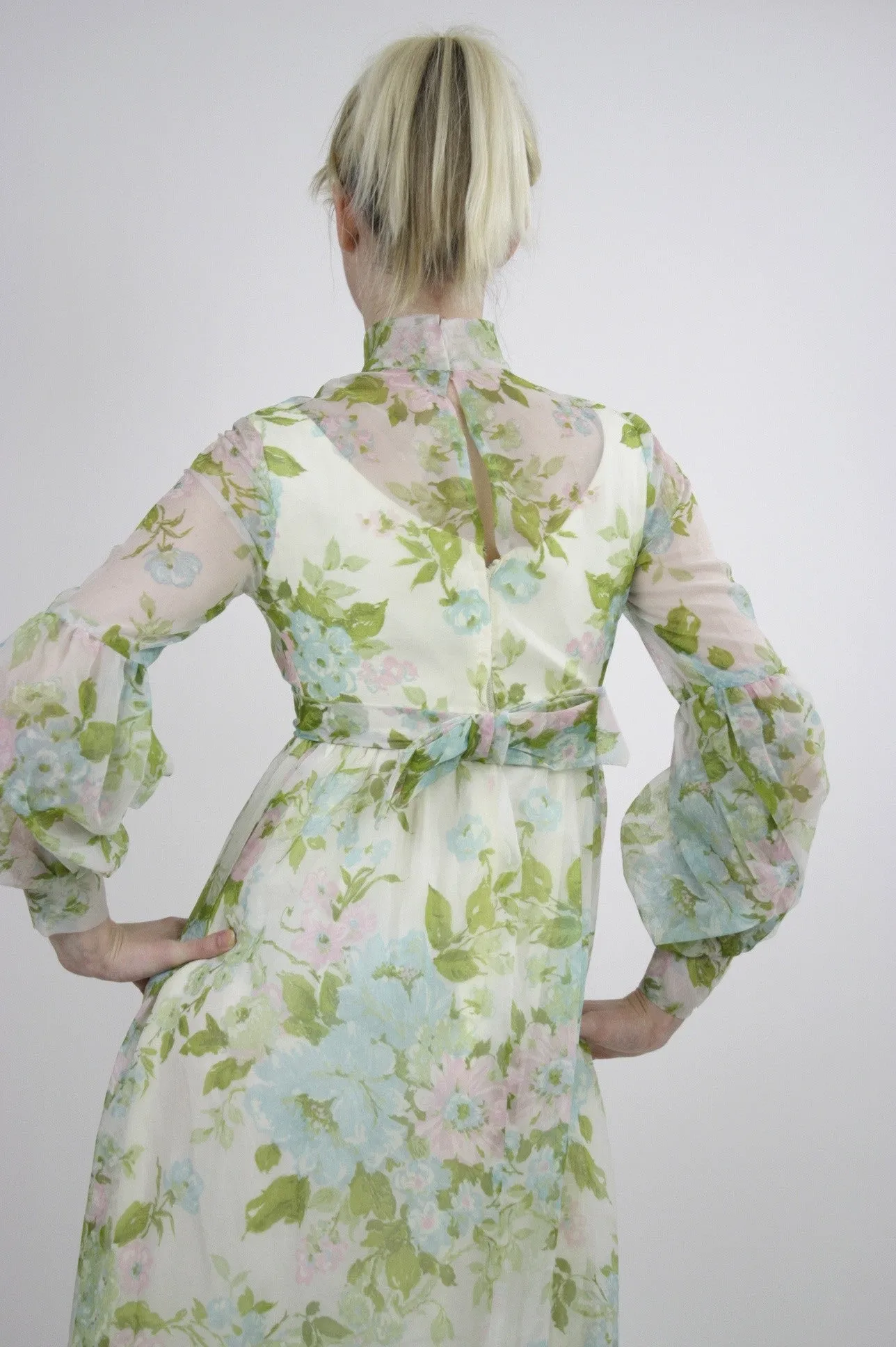 Authentic vintage 70s boho hippie sheer pastel floral maxi dress S
