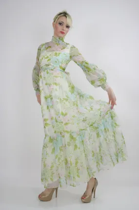 Authentic vintage 70s boho hippie sheer pastel floral maxi dress S