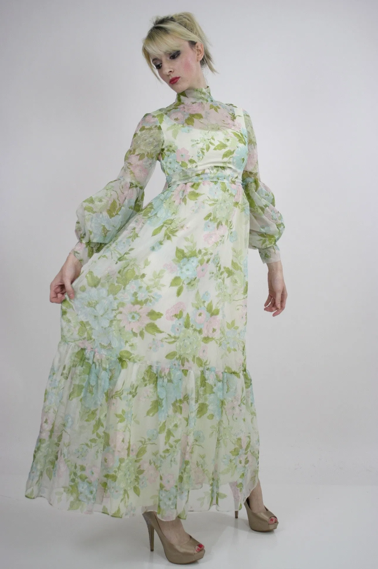 Authentic vintage 70s boho hippie sheer pastel floral maxi dress S