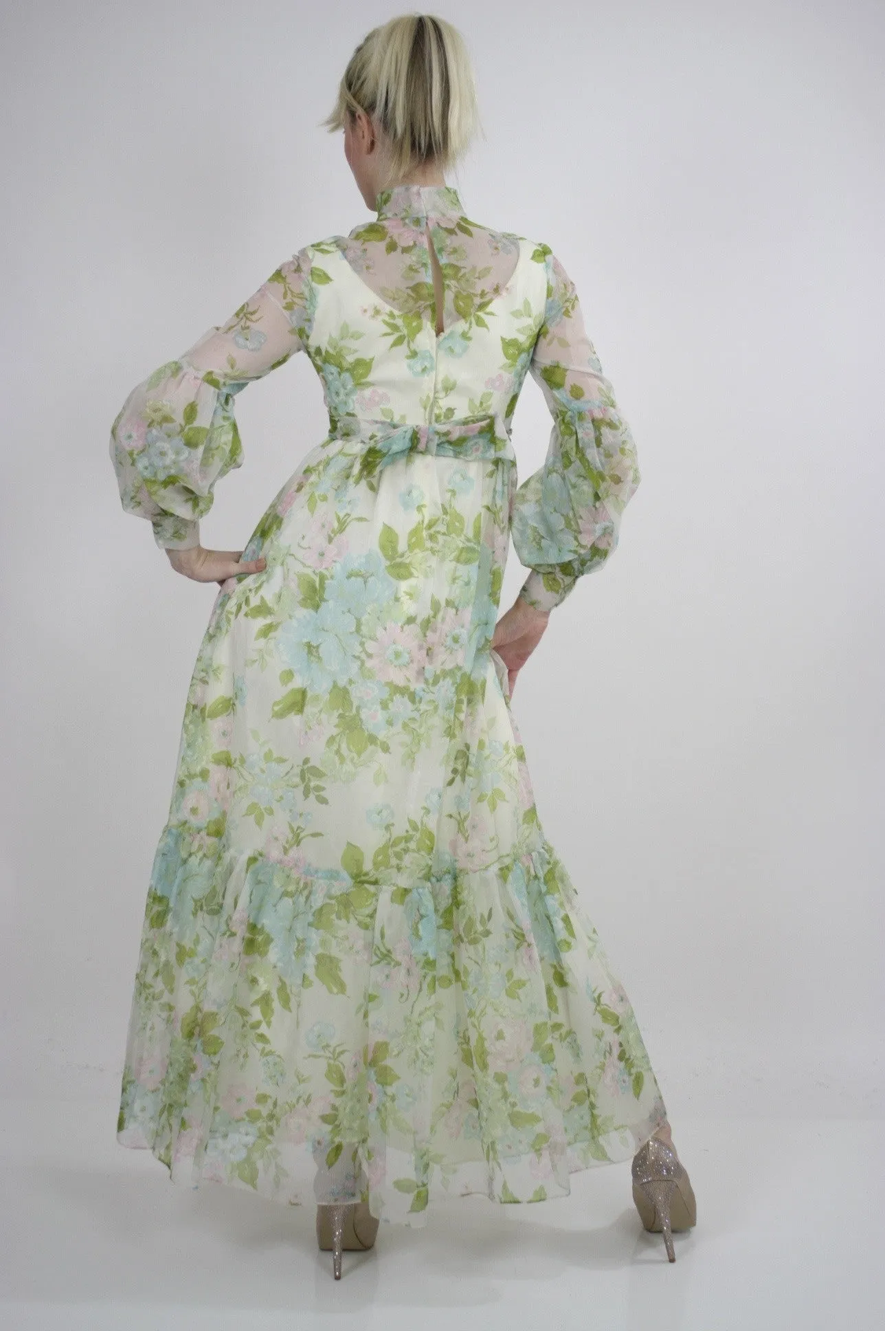 Authentic vintage 70s boho hippie sheer pastel floral maxi dress S