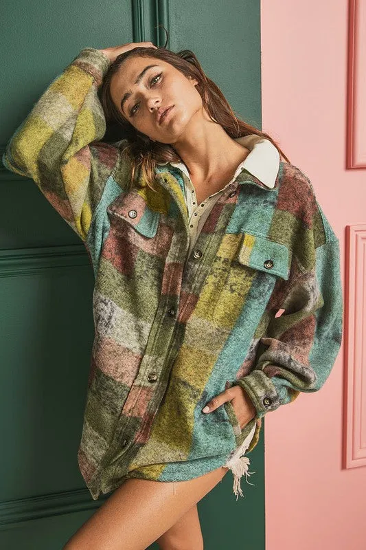 Bibi Multicolor Checkered Plaid Button Down Relaxed Fit Shacket