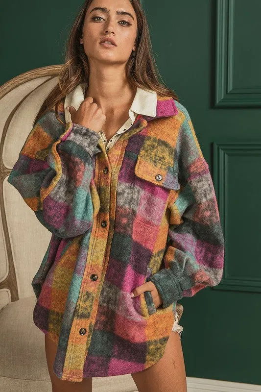 Bibi Multicolor Checkered Plaid Button Down Relaxed Fit Shacket
