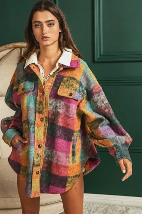Bibi Multicolor Checkered Plaid Button Down Relaxed Fit Shacket