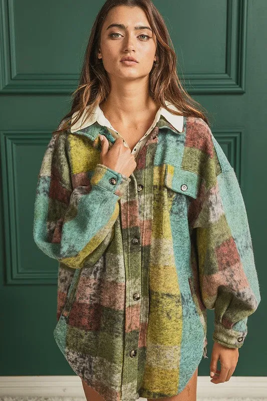 Bibi Multicolor Checkered Plaid Button Down Relaxed Fit Shacket