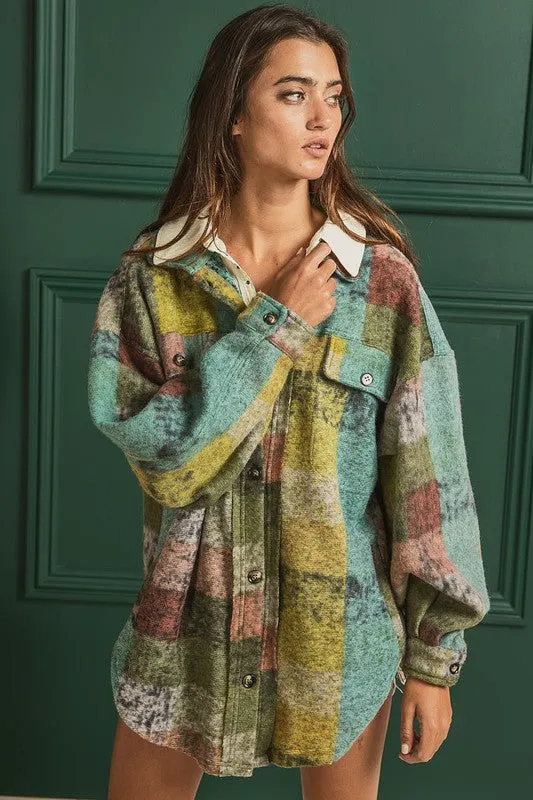 Bibi Multicolor Checkered Plaid Button Down Relaxed Fit Shacket