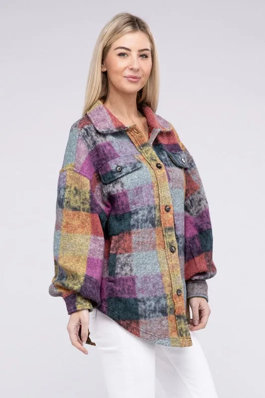 Bibi Multicolor Checkered Plaid Button Down Relaxed Fit Shacket