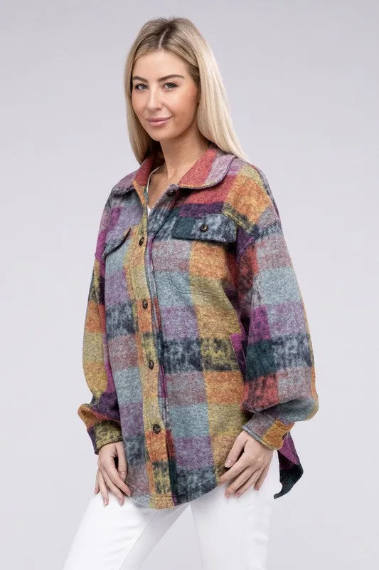 Bibi Multicolor Checkered Plaid Button Down Relaxed Fit Shacket