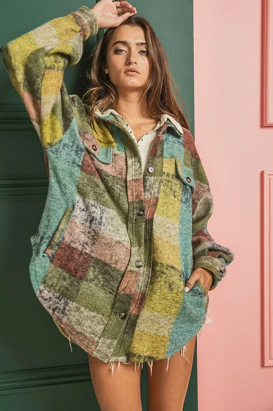 Bibi Multicolor Checkered Plaid Button Down Relaxed Fit Shacket