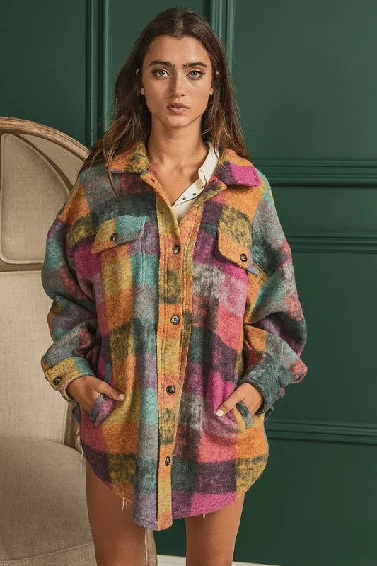 Bibi Multicolor Checkered Plaid Button Down Relaxed Fit Shacket