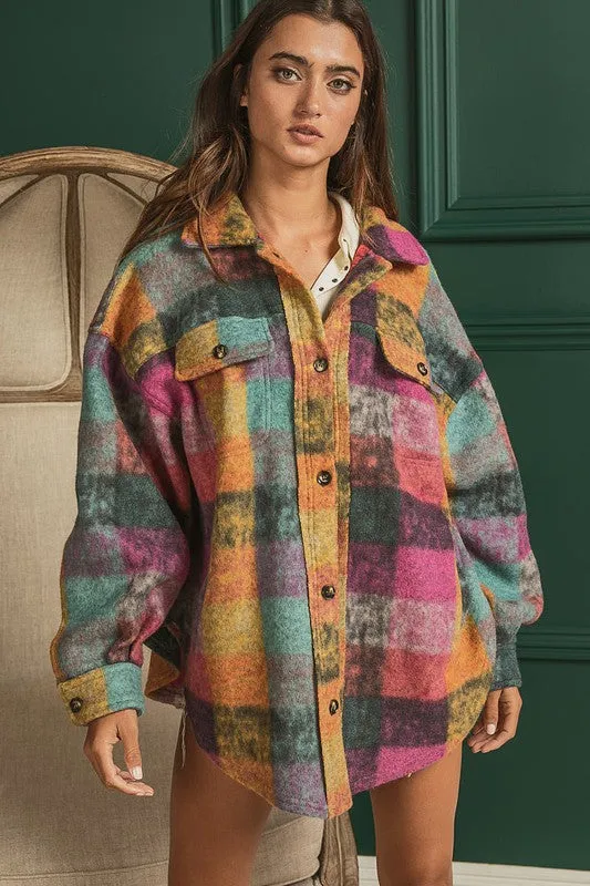 Bibi Multicolor Checkered Plaid Button Down Relaxed Fit Shacket