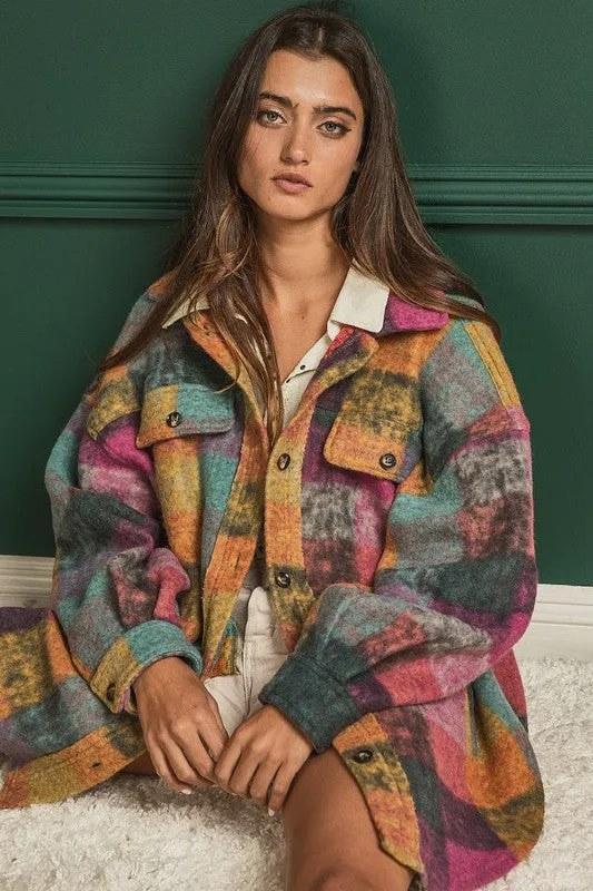 Bibi Multicolor Checkered Plaid Button Down Relaxed Fit Shacket
