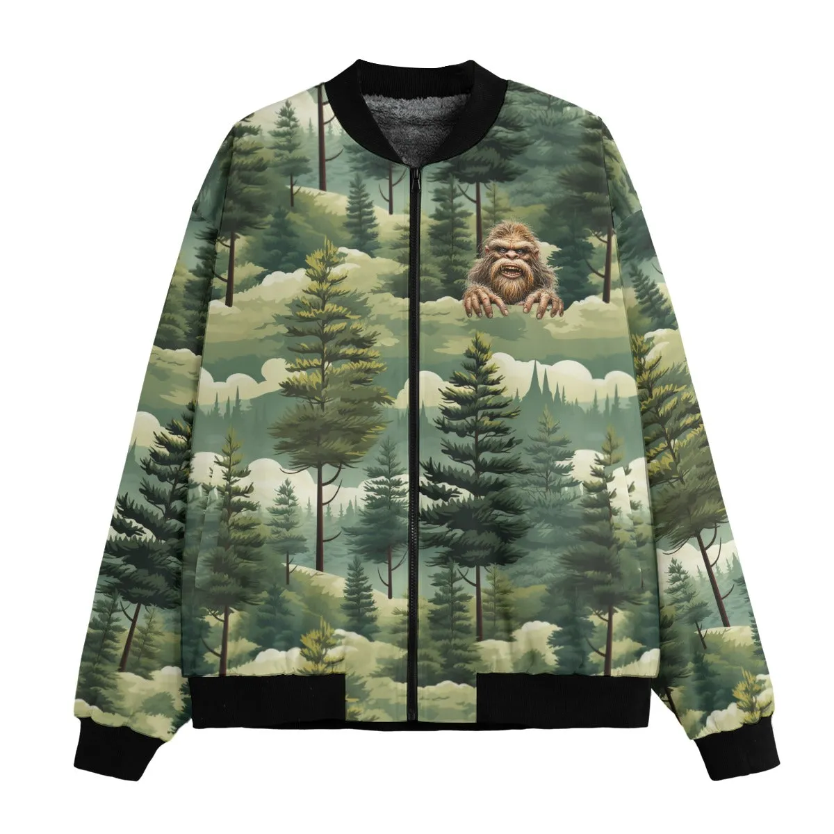 Bigfoot, Sasquatch in Woods, Polyester Fleece Bomber Jacket / Zipper Closure