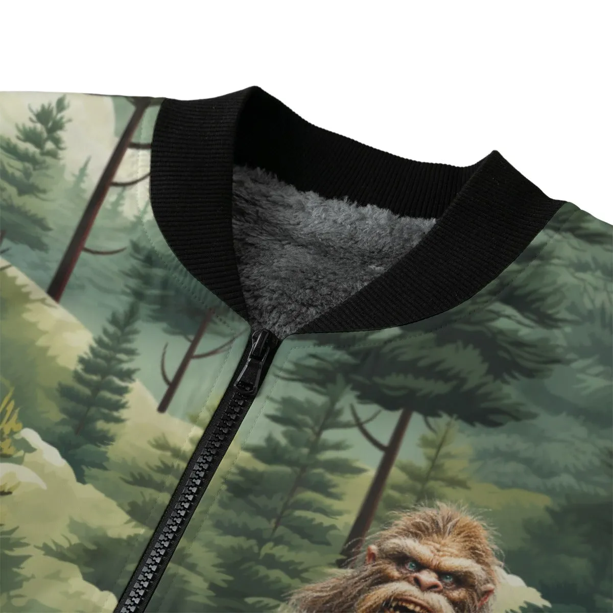 Bigfoot, Sasquatch in Woods, Polyester Fleece Bomber Jacket / Zipper Closure