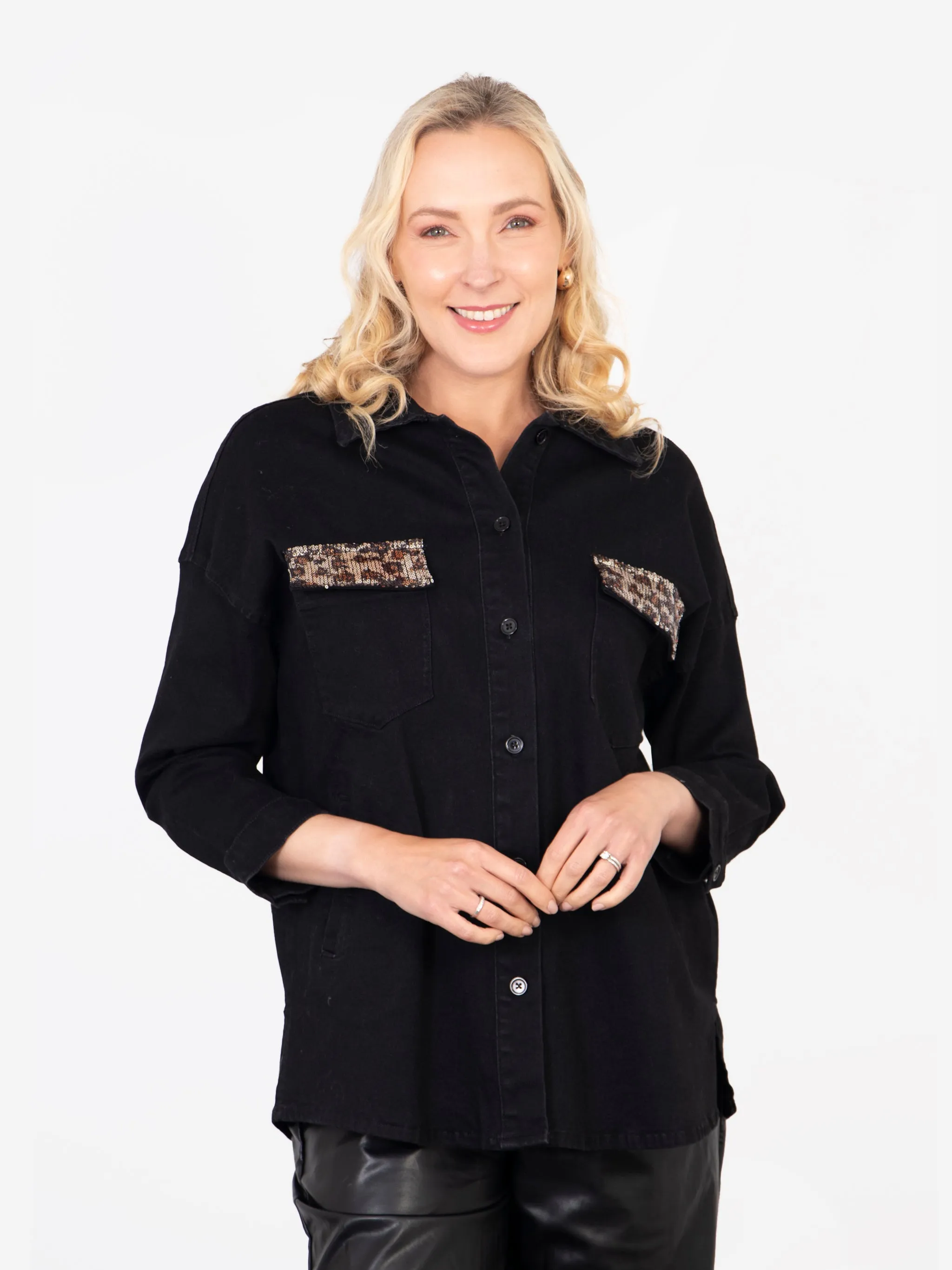 Billie Denim Shacket - Black, Leopard Sequin