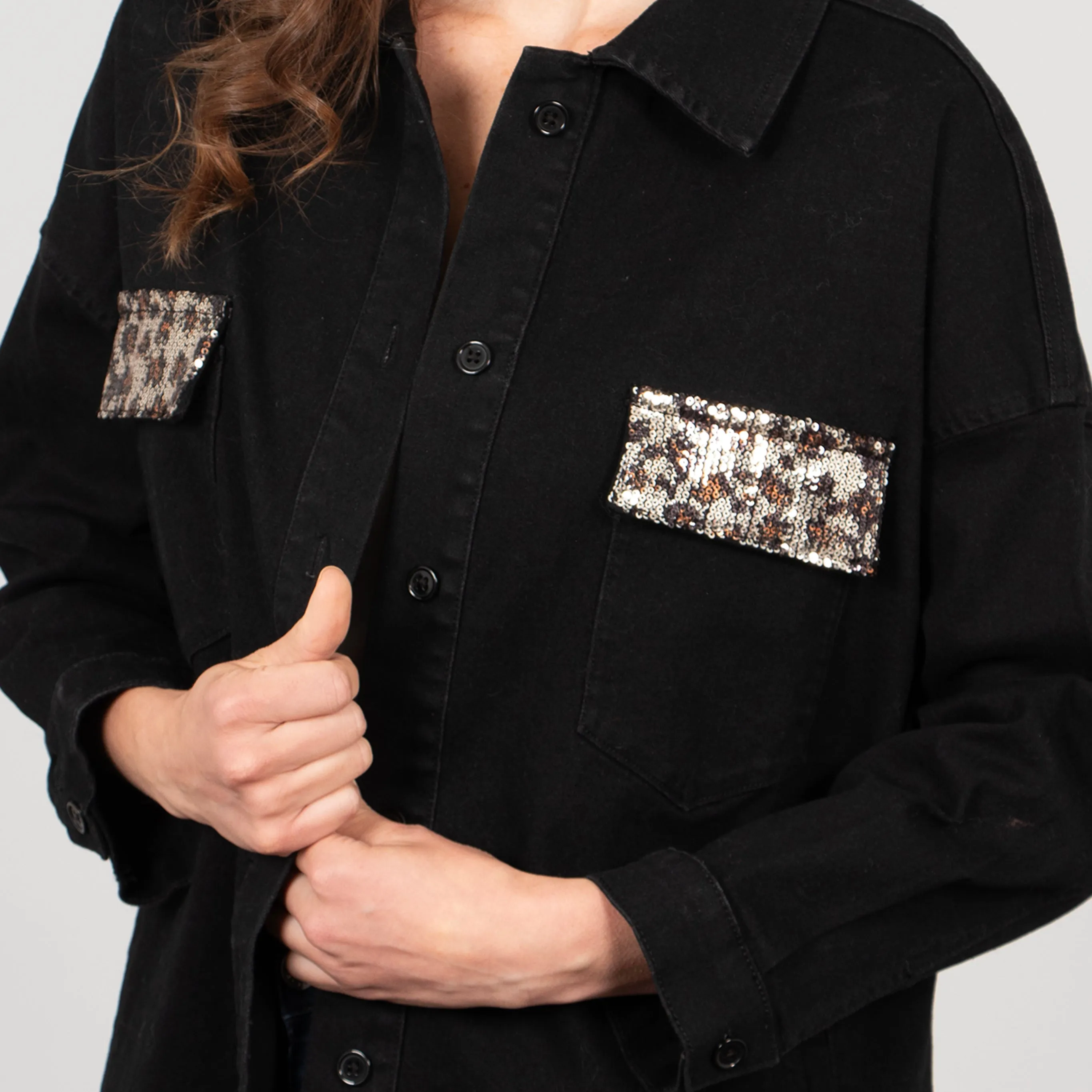 Billie Denim Shacket - Black, Leopard Sequin