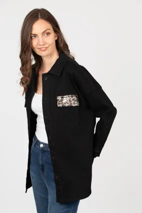 Billie Denim Shacket - Black, Leopard Sequin