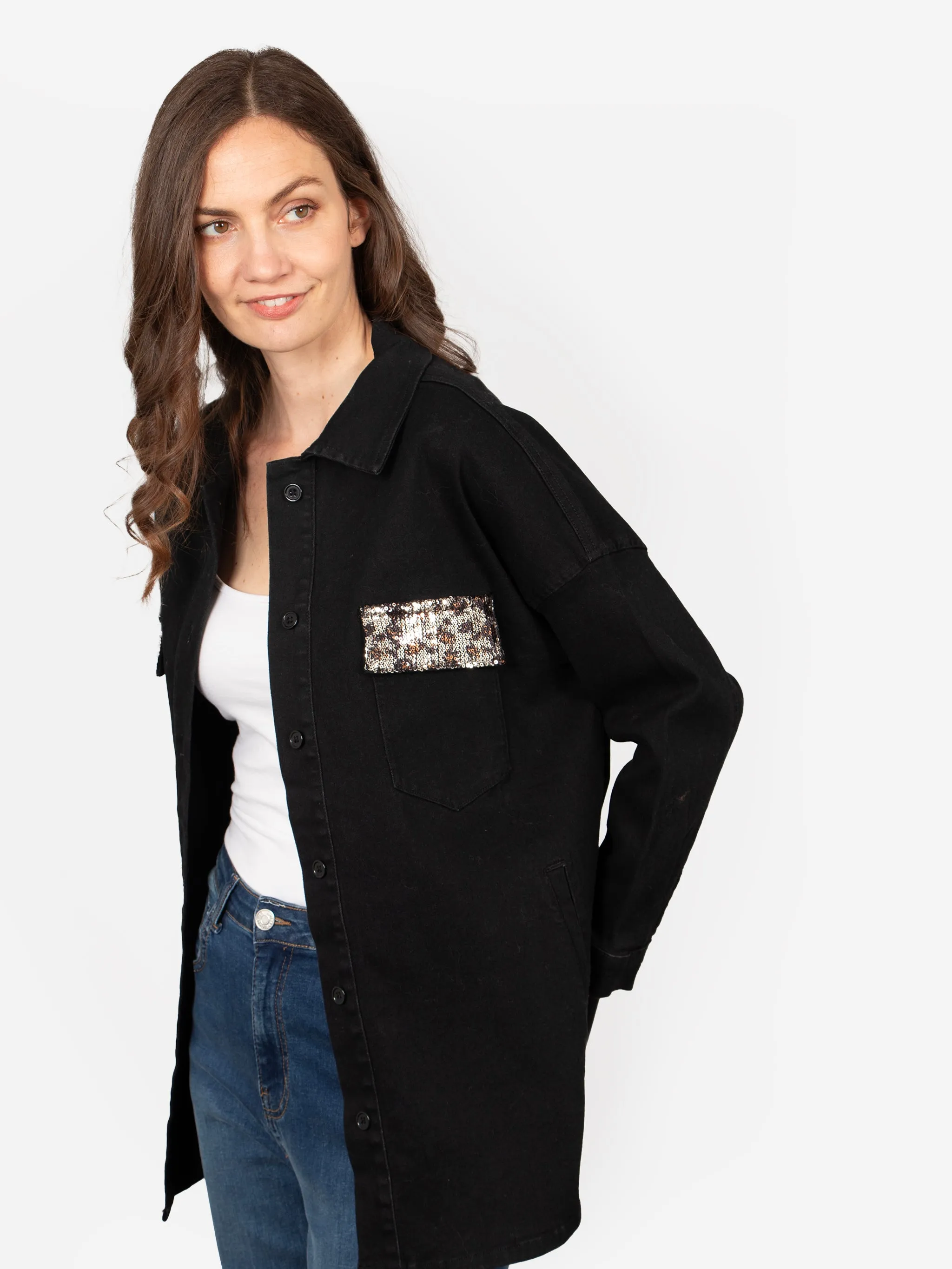 Billie Denim Shacket - Black, Leopard Sequin