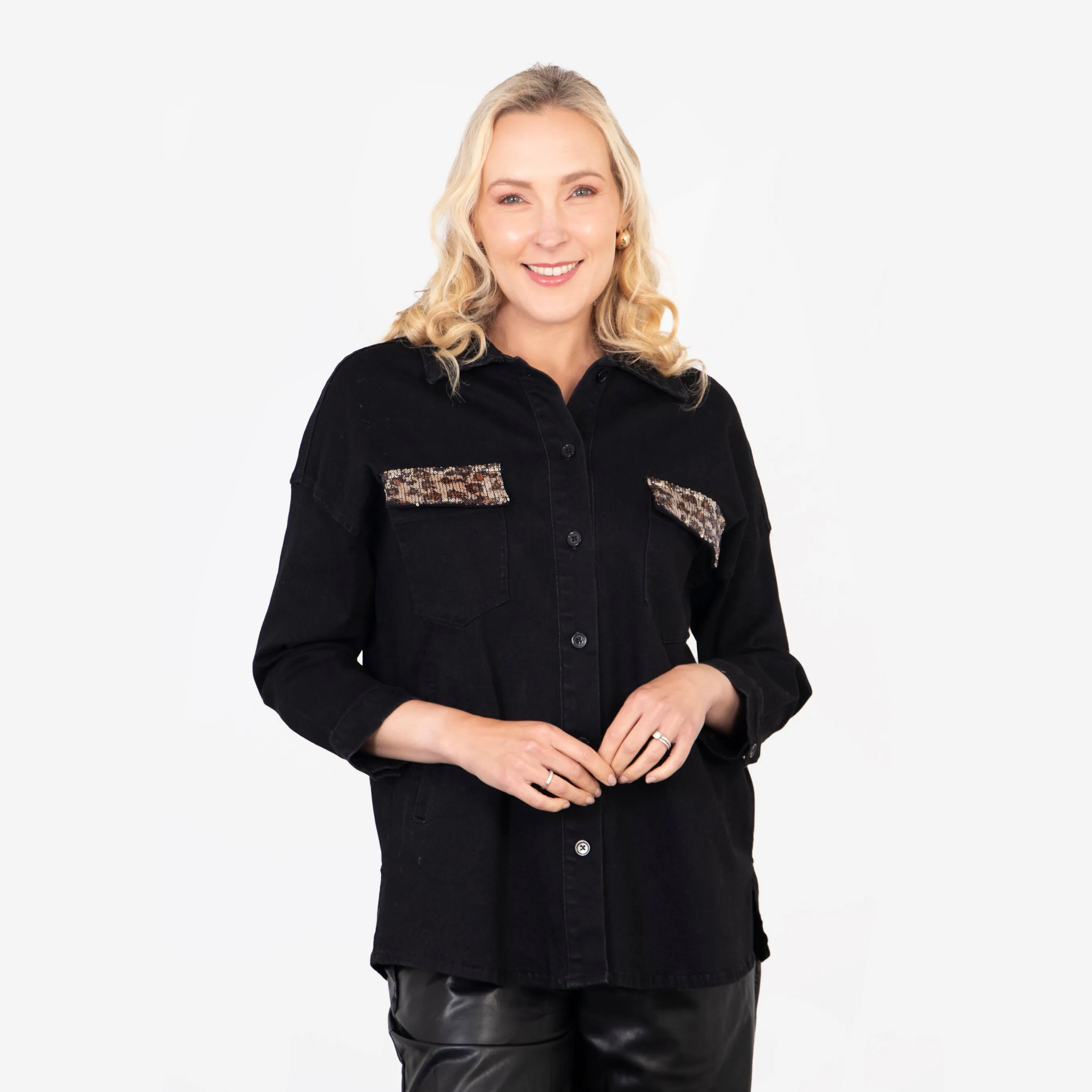 Billie Denim Shacket - Black, Leopard Sequin